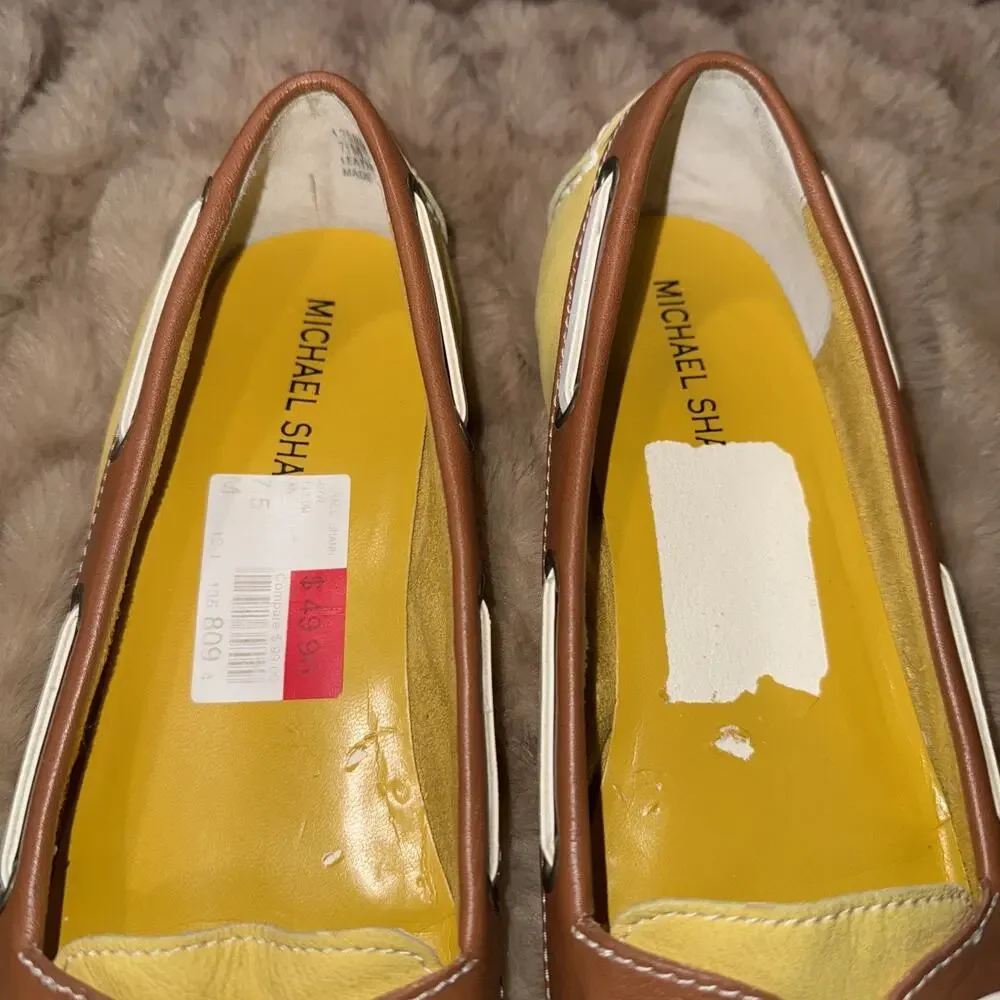 Michael Shannon Loafers Yellow Leather Topstitched W. White Laced Trim,Sz 7.5M